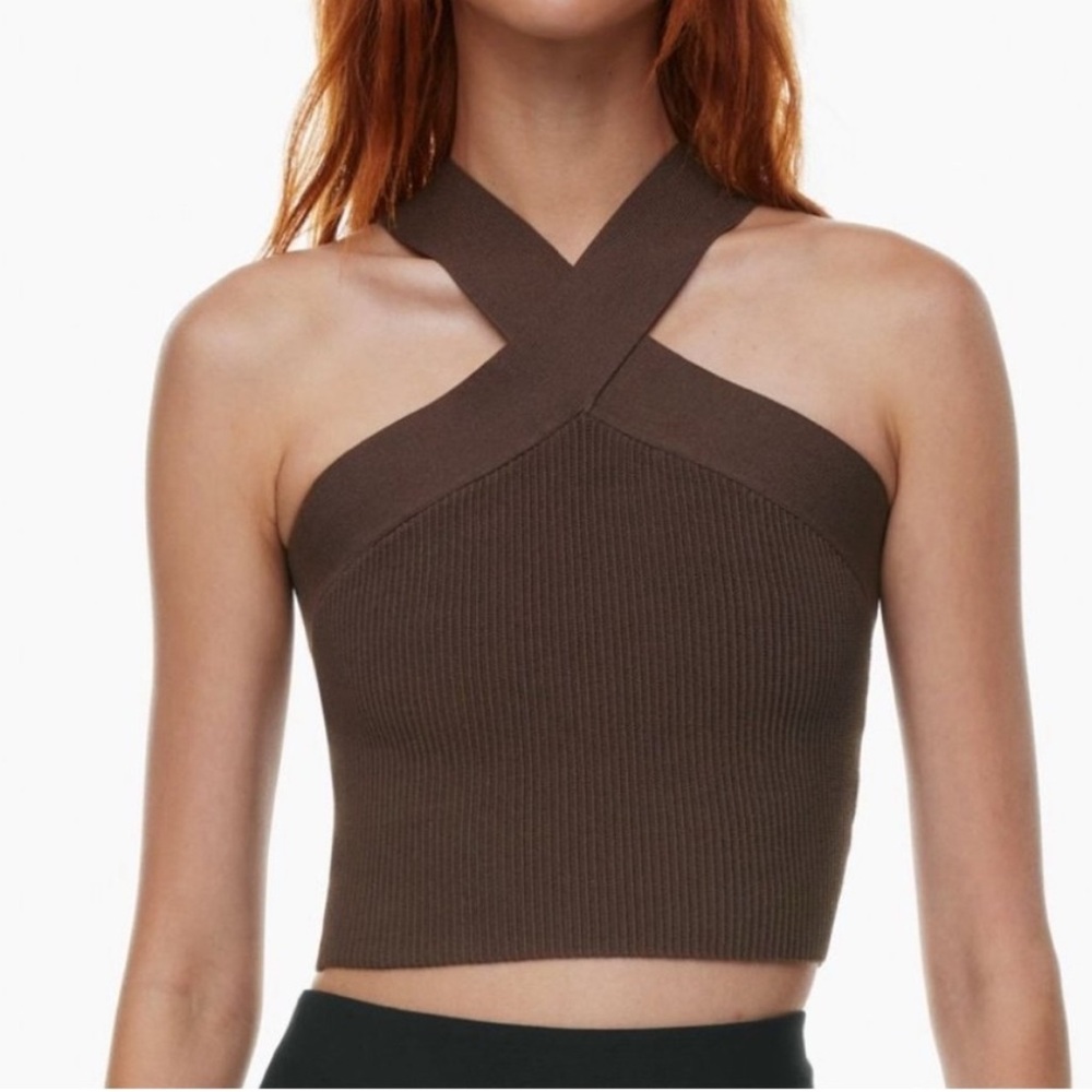 Aritzia Babaton Brown Sculpt Knit Ribbed Criss-Cross Top XS